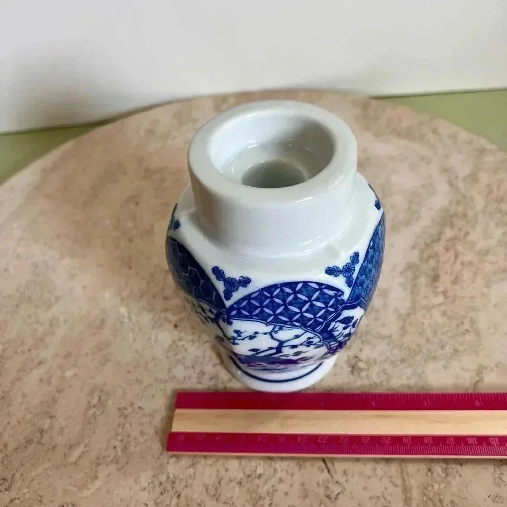 Vintage Japanese‎ Candle Stick Holder White Blue Peacock Pattern Home Decor